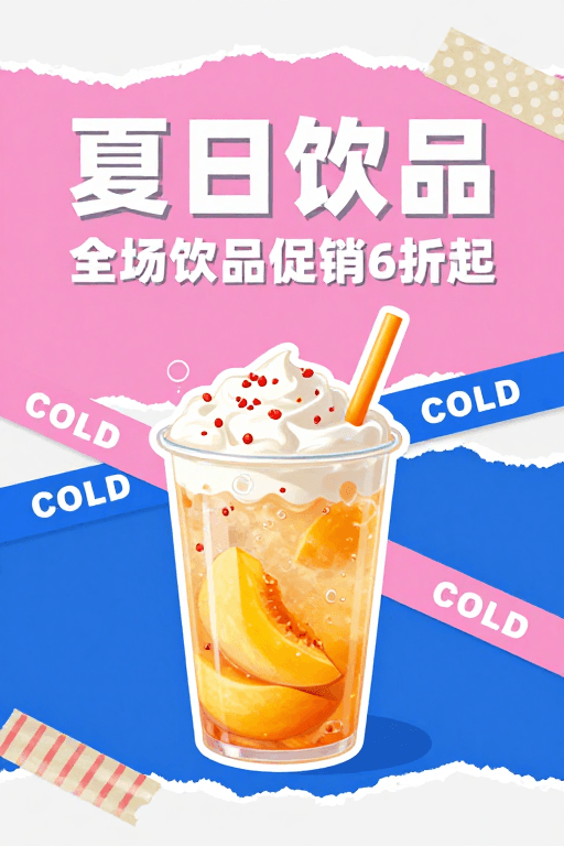 色彩鲜艳素材：夏日饮品促销：撕纸拼贴清新插画海报设计