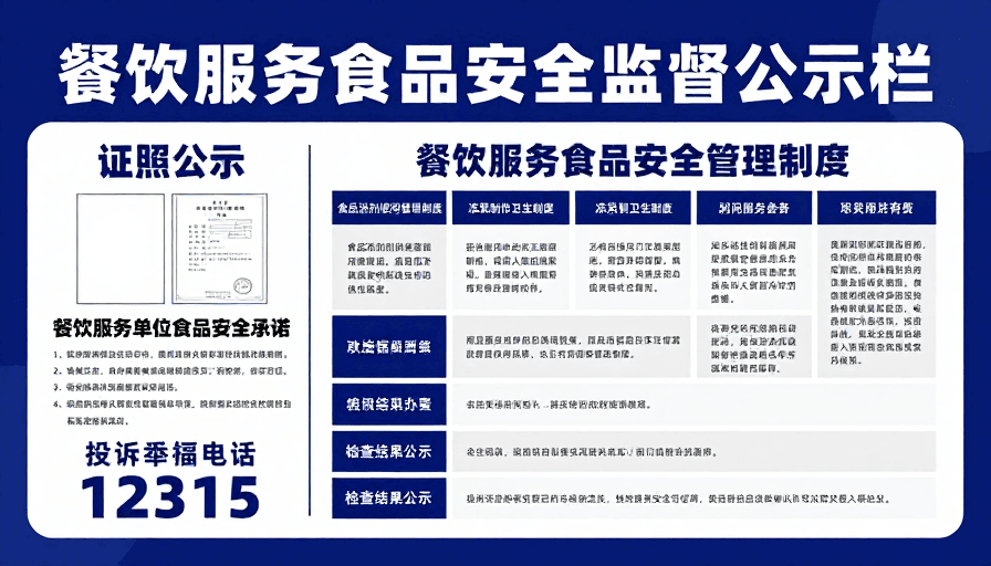 蓝色主调素材：餐饮服务食品安全监督公示：权威政务信息展示