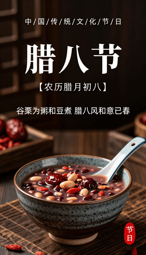 中式美学素材：中式传统腊八节海报：深棕墨黑中的温暖粥韵
