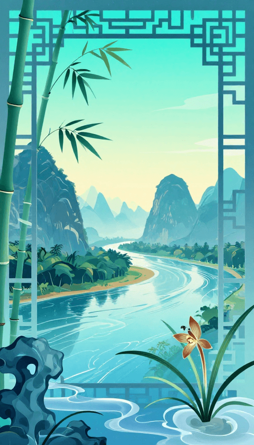 平面插画素材：宋代美学与超现实流体交融的桂林山水窗景