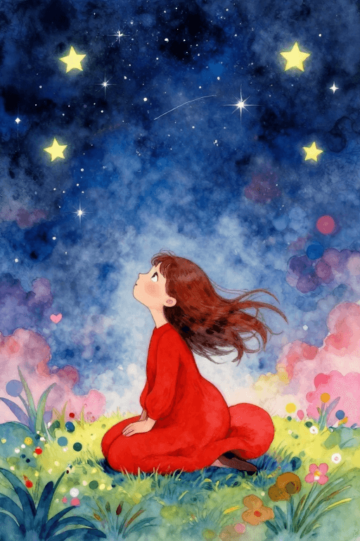 治愈系风格素材：星幕下红衣少女的治愈梦幻壁纸