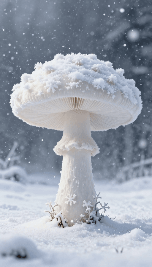 雪花蘑菇素材：雪中巨蘑菇：8K仙境奇景