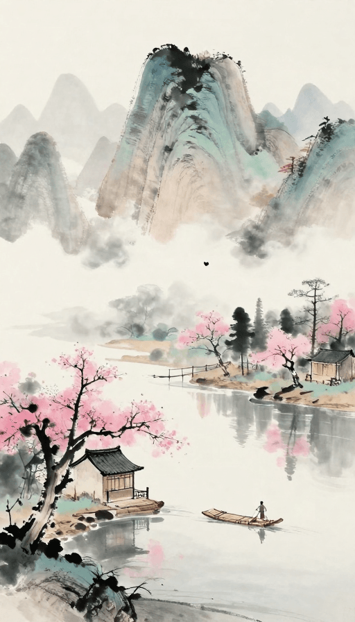 自然风景素材：水墨淡彩·诗意江南：云雾山峦与古韵水乡