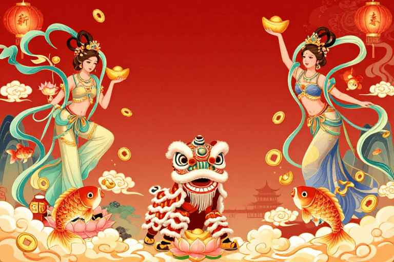 春节插画素材：国潮新年双仙舞狮锦鲤贺岁图