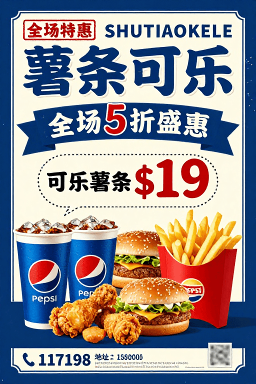 做旧质感素材：复古蓝白撞色薯条可乐促销海报