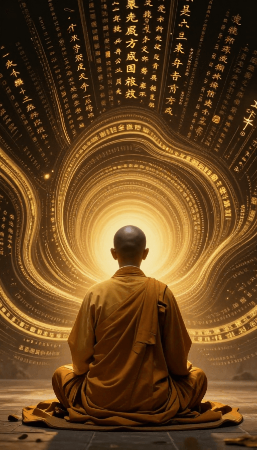 金色经文素材：禅意打坐：金色经文环绕的静谧画面