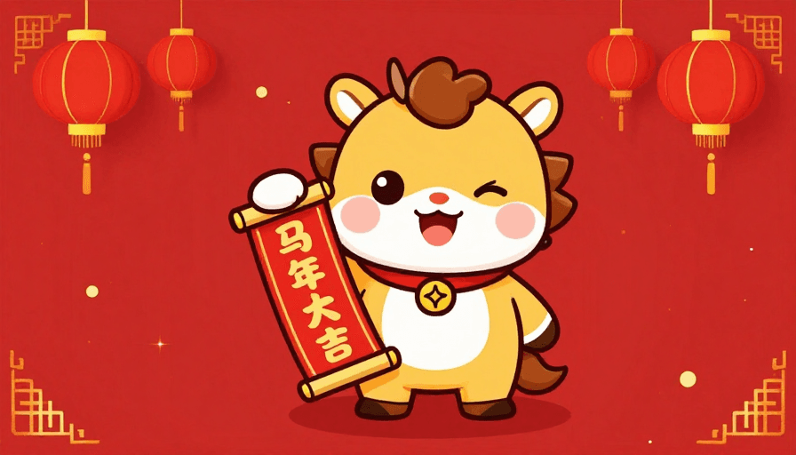 喜庆背景素材：喜庆马年IP拿春联，红金背景贺新年