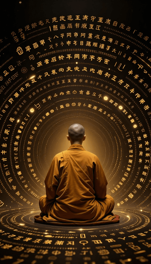 装饰性图案素材：禅意金色波纹：僧人背坐打坐与经文环绕的艺术瞬间