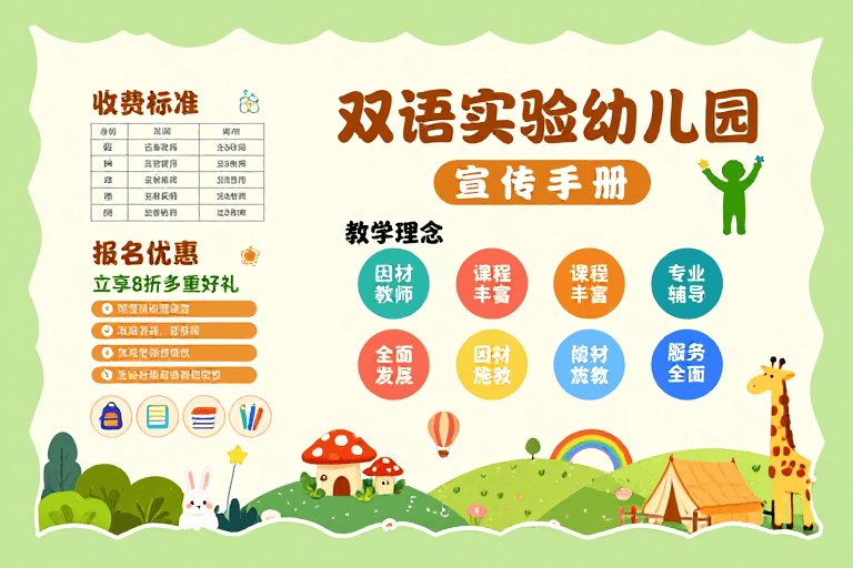 扁平化插画素材：清新童趣的双语实验幼儿园宣传手册封面设计