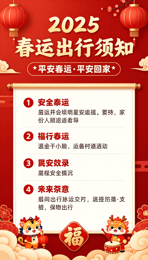 传统装饰素材：红色中国风2025春运安全出行提示海报