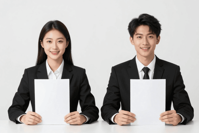 办公场景素材：专业职场双生：亚洲青年男女商务形象展示