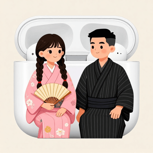 时尚插画素材：双生萌趣：和风少女与绅士的耳机盒奇遇