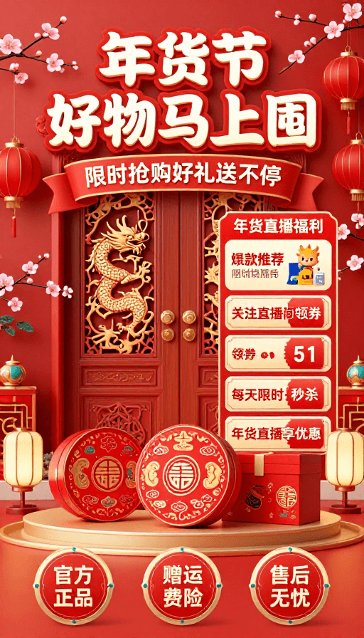 传统元素素材：春节促销海报：年货节好礼囤货