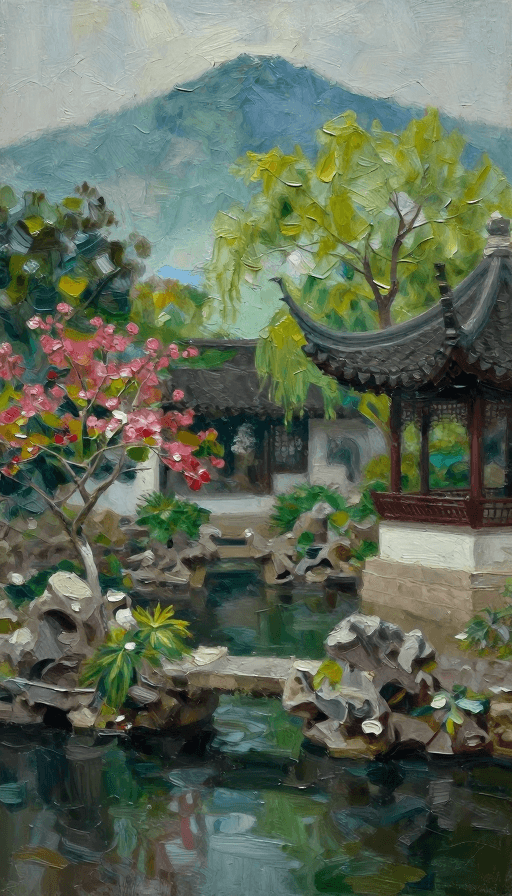艺术作品素材：暗调现代油画：苏州繁花似锦的梦幻园林美景