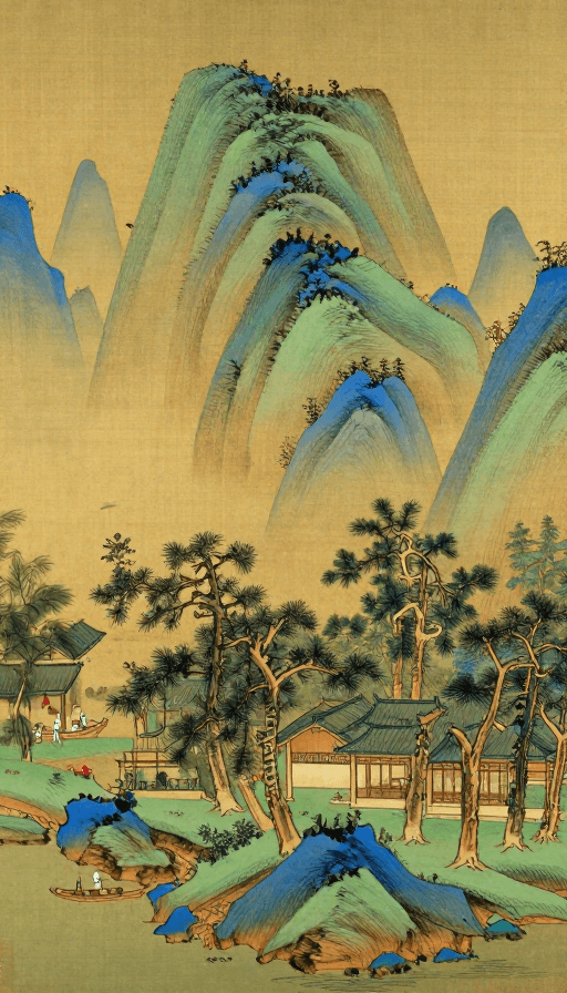 中国传统山水画素材：古韵山水：传统水墨意境与金色背景的诗意画卷