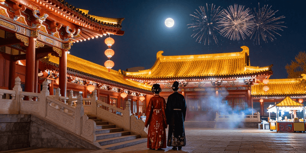古风场景素材：古韵流光：月下情侣剪影的璀璨瞬间