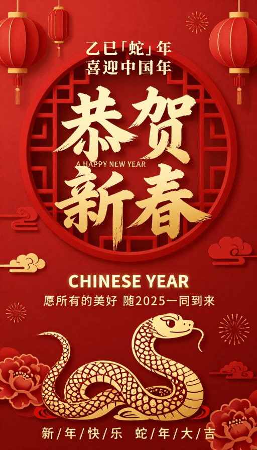 中国风设计素材：2025蛇年中国风新年海报：金色书法与吉祥元素