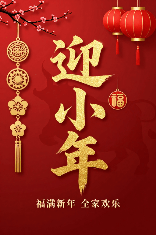 金色立体字素材：迎小年金色书法海报：传统中国新年设计