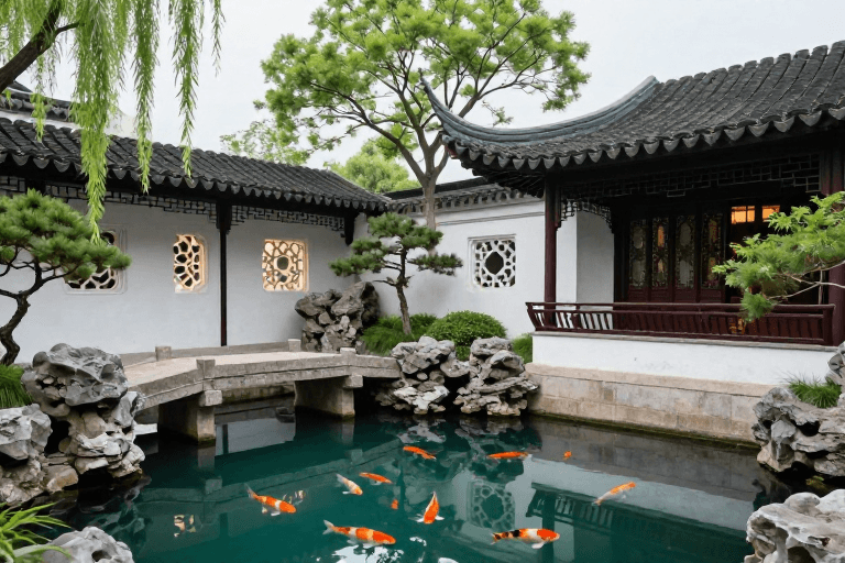 青绿主调素材：青瓦白墙下的灵动锦鲤——江南园林静谧之美