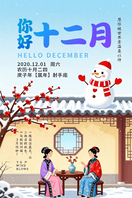 中式庭院素材：冬日温馨插画：你好十二月