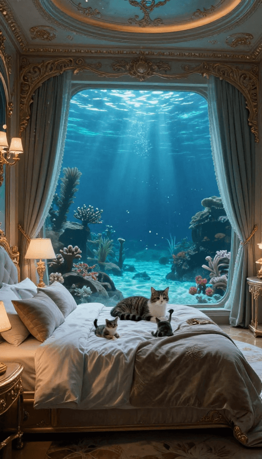水下摄影素材：深海奢华海景房，猫咪休憩的梦幻空间