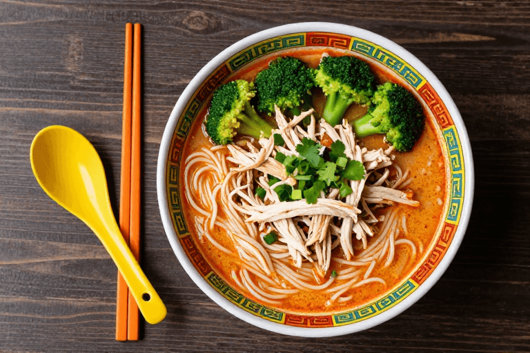 色彩饱和素材：泰式红咖喱鸡肉米粉诱人特写，高清摄影美食宣传图