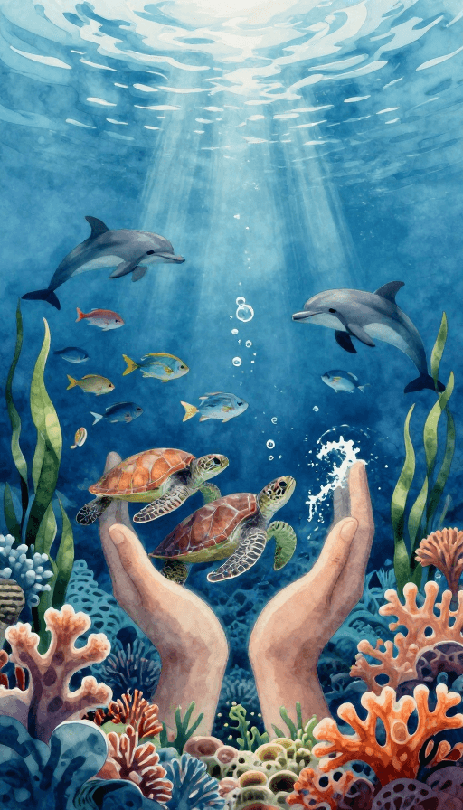 蓝色调素材：守护蔚蓝：写实海洋保护插画，象征生态与责任