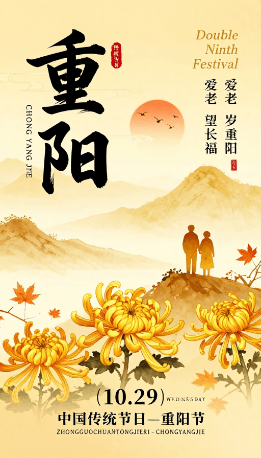 书法艺术素材：暖金水墨重阳海报：传统佳节温情呈现