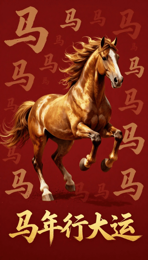 深红色调素材：深红金棕马年海报，书法骏马奔腾传递喜庆吉祥