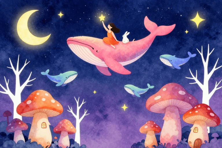 奇幻生物素材：梦幻星空：粉橙鲸鱼载童话夜游