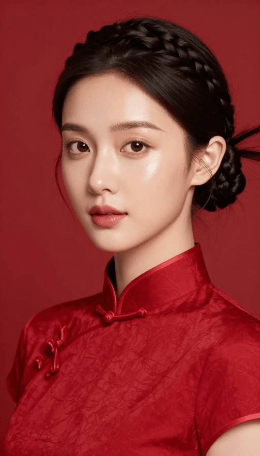 医美宣传素材：新中式国潮风医美模特：红裙旗袍水光肌