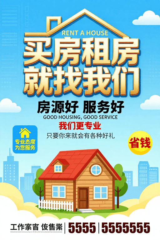 房地产广告素材：天蓝金辉房产中介海报：专业租售服务，理想居所之选