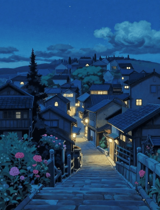 宫崎骏风格素材：宫崎骏夜景：静谧小镇与梦幻星光