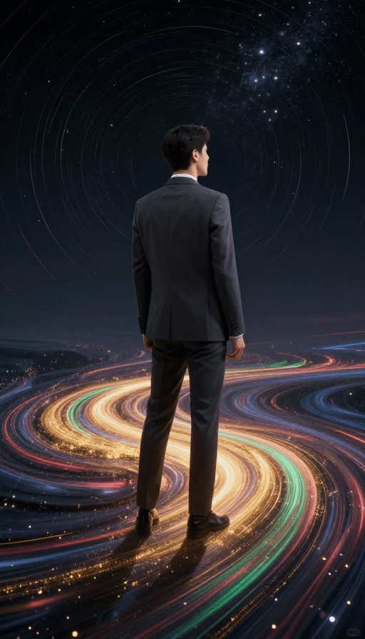 科幻素材：深空之下的星河凝视：西装男子的科幻瞬间