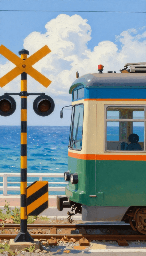 碧海蓝天下的橙色电车，清新写实的油画风景