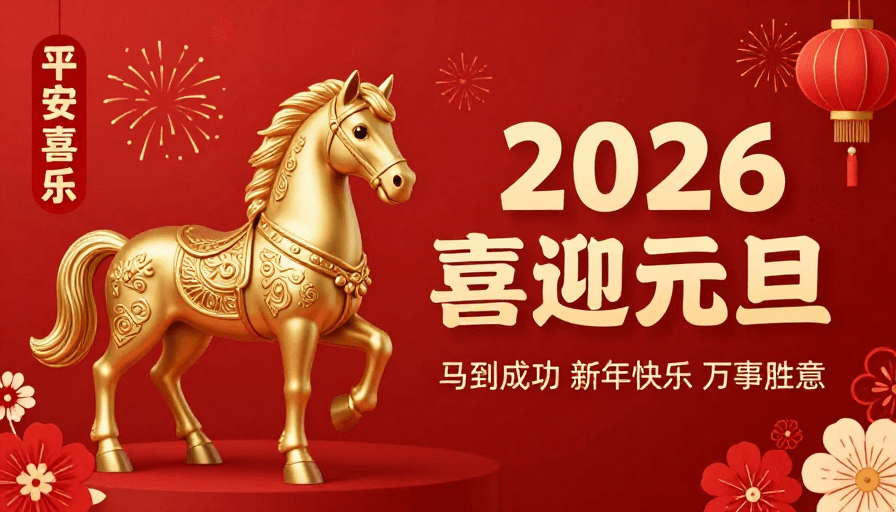 吉祥寓意素材：2026元旦喜庆骏马图：吉祥繁荣新年贺岁
