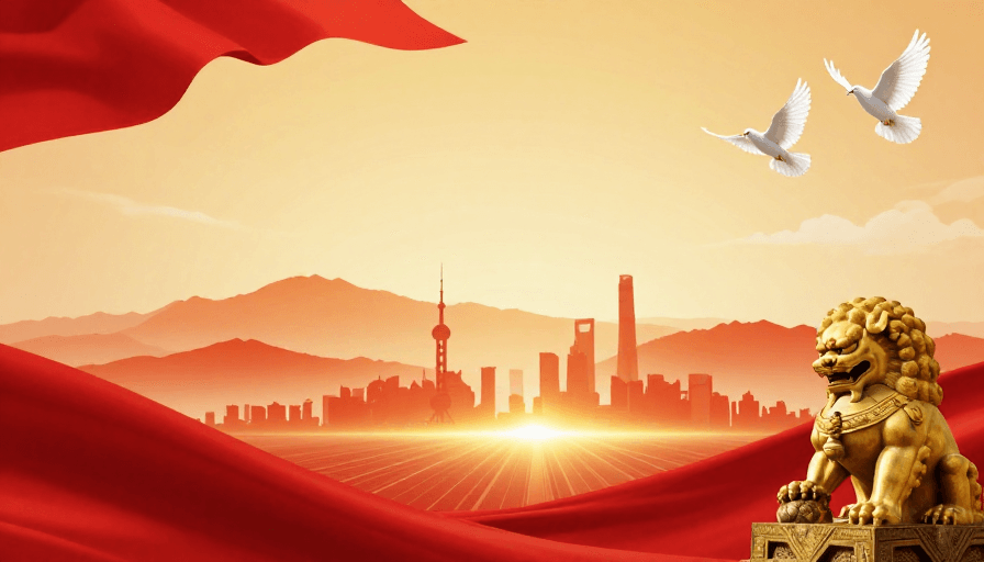 现代都市素材：日出东方金狮守护 和平希望的庄严红景