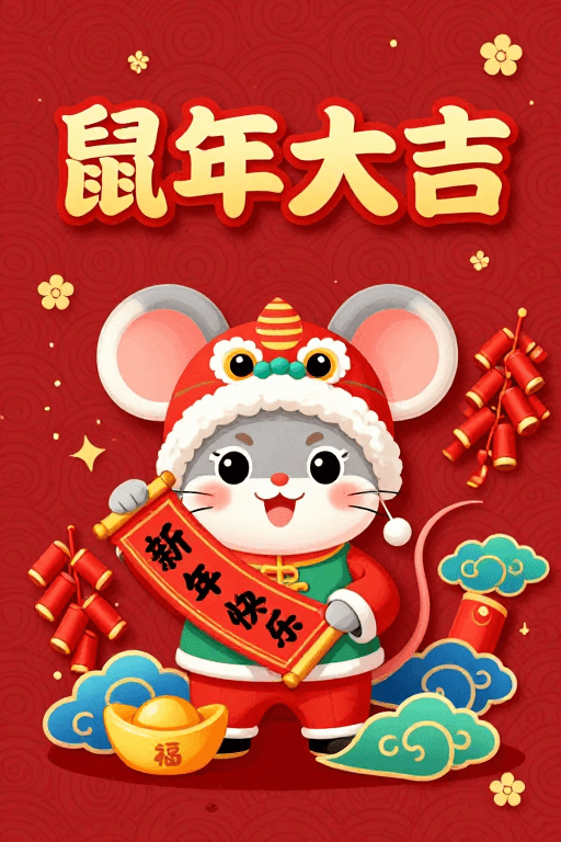 卡通插画素材：鼠年大吉：红金配色中式新年卡通插画海报