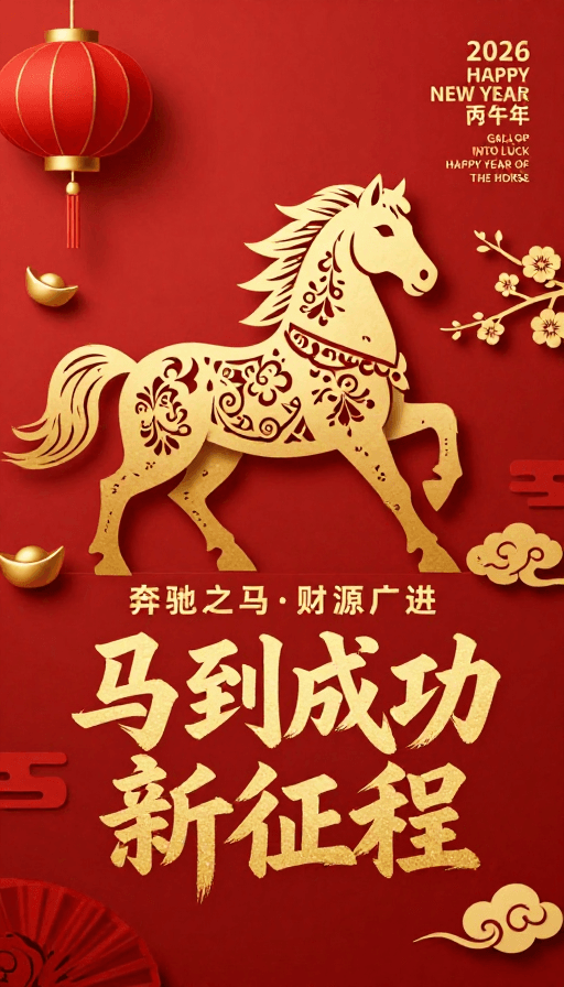 丙午年贺图素材：金红剪纸马奔腾 丙午年大吉新年贺图