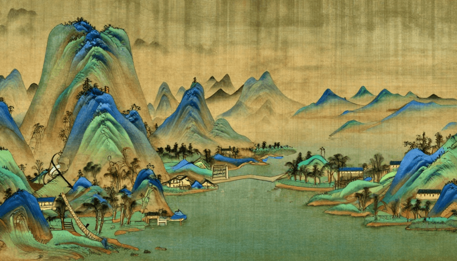 装饰性图案素材：仿《千里江山图》青绿山水中国风背景