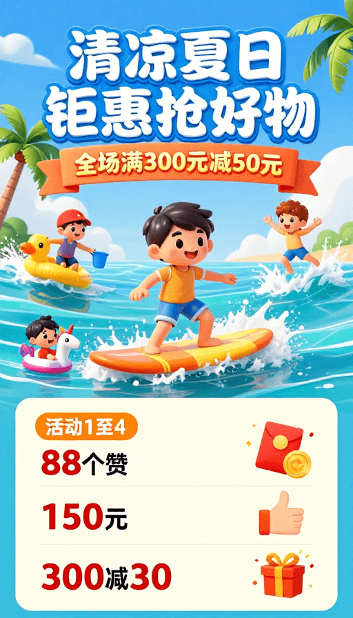 广告海报素材：夏日童趣促销：卡通冲浪狂欢购满额立减
