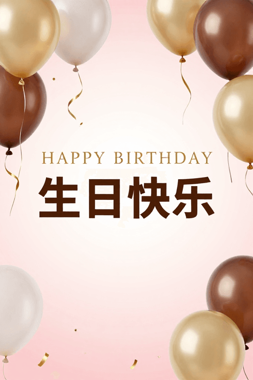 庆祝海报素材：粉金渐变生日快乐主题设计：优雅气球与丝带领航庆祝氛围