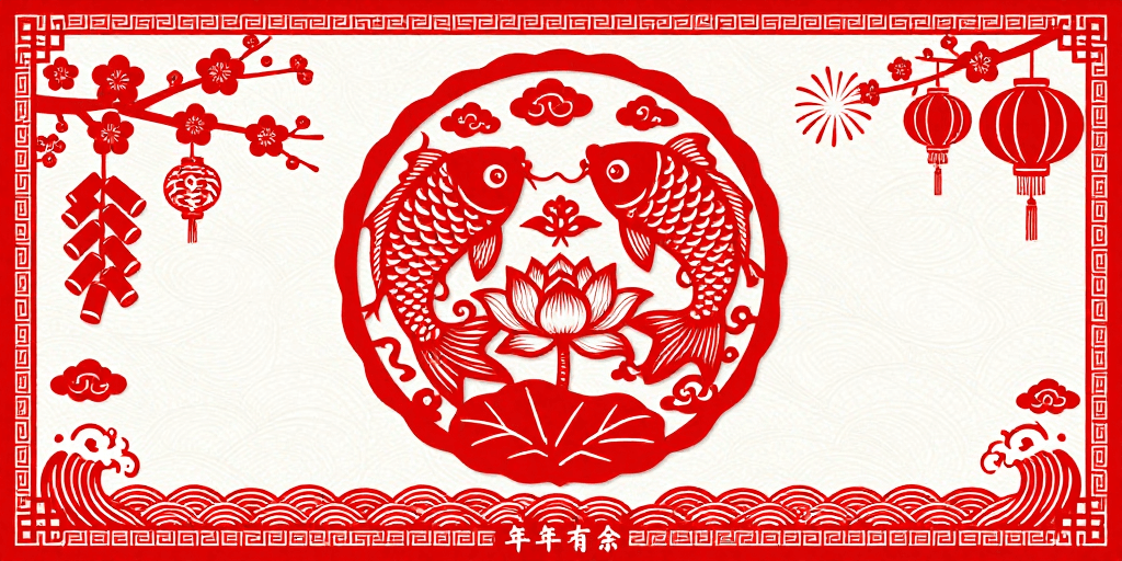红白配色素材：红白剪纸双鱼戏莲图：传统节庆年年有余背景