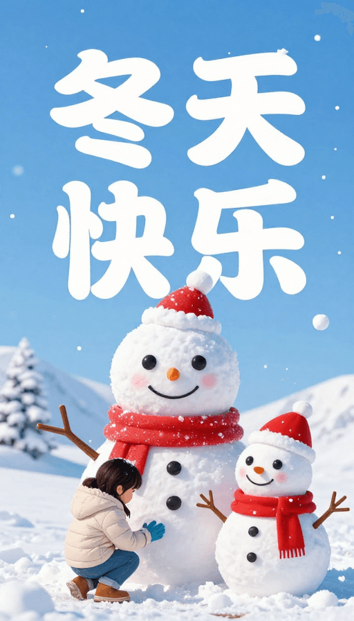户外雪地素材：冬日童趣：雪人女孩的快乐时光