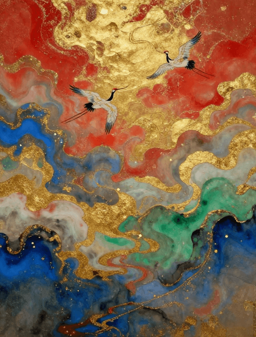 宋代留白素材：仙鹤云端行·岩彩金箔古风画卷