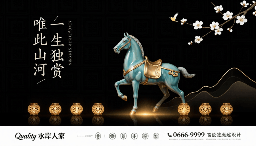 东方意境素材：青釉骏马与光影：东方意境高端地产宣传图