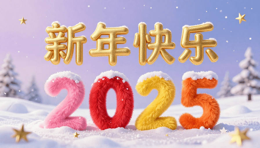 节日贺卡素材：金色毛绒新年文字与彩色数字悬浮雪地