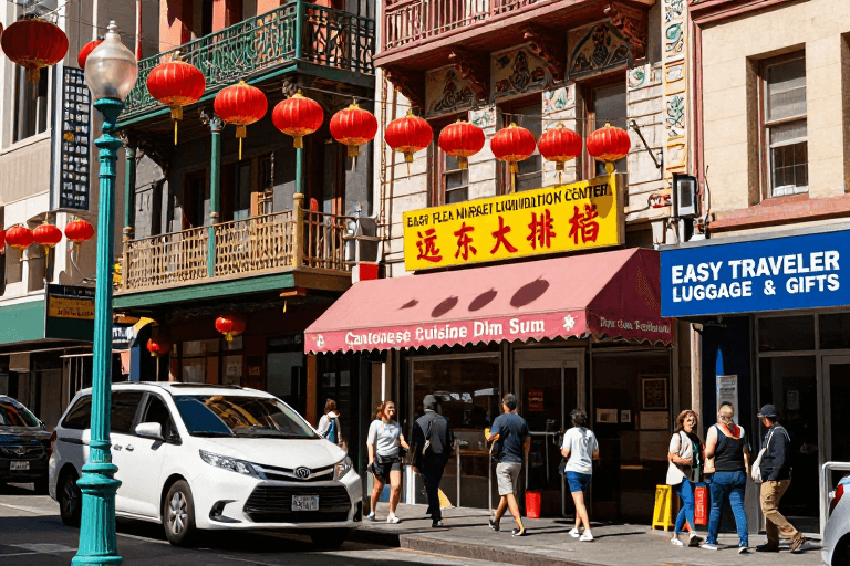 红色灯笼素材：旧金山唐人街繁华街景：红灯笼与中华美食招牌共舞