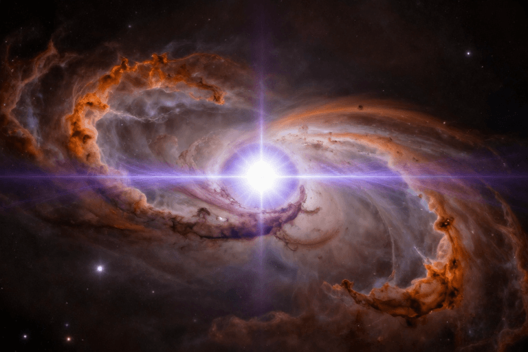 冷色调设计素材：紫白喷流与橙红星云交织的宇宙星系核奇观