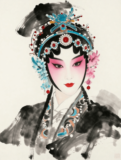 新艺术风格素材：水墨新韵：京剧花旦肖像艺术杰作